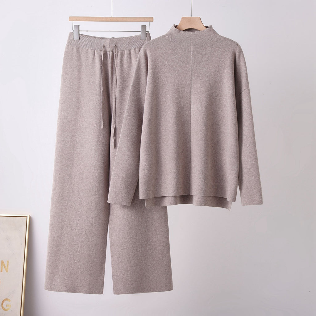 Women's Stand-up Collar Loose Long Sleeve Irregular Knit Top High Waist Slimming Straight Leg Wide Leg Pants