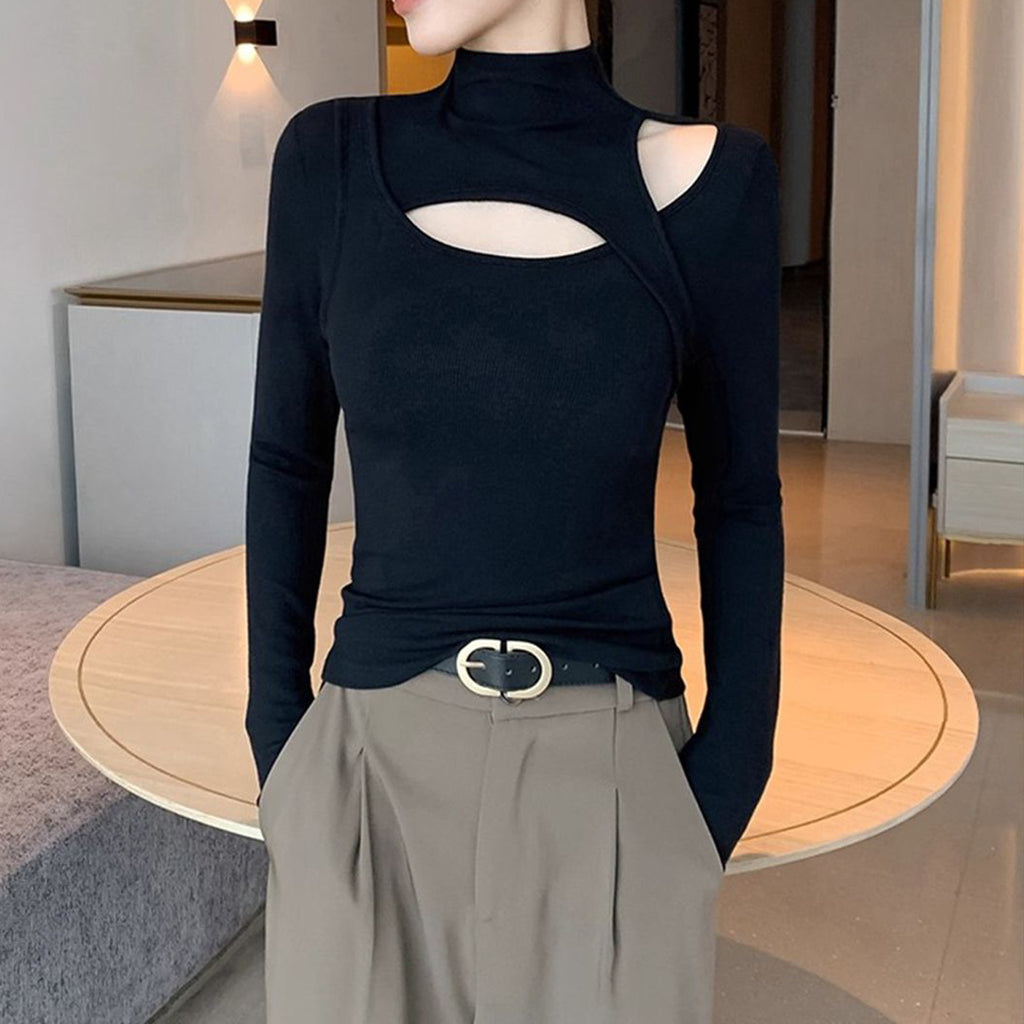 Semi-High Neck Black Base Layer Women's Ribbed Thermal Knit Top, Hollow-Out Sexy Fitted Innerwear for Spring and Autumn