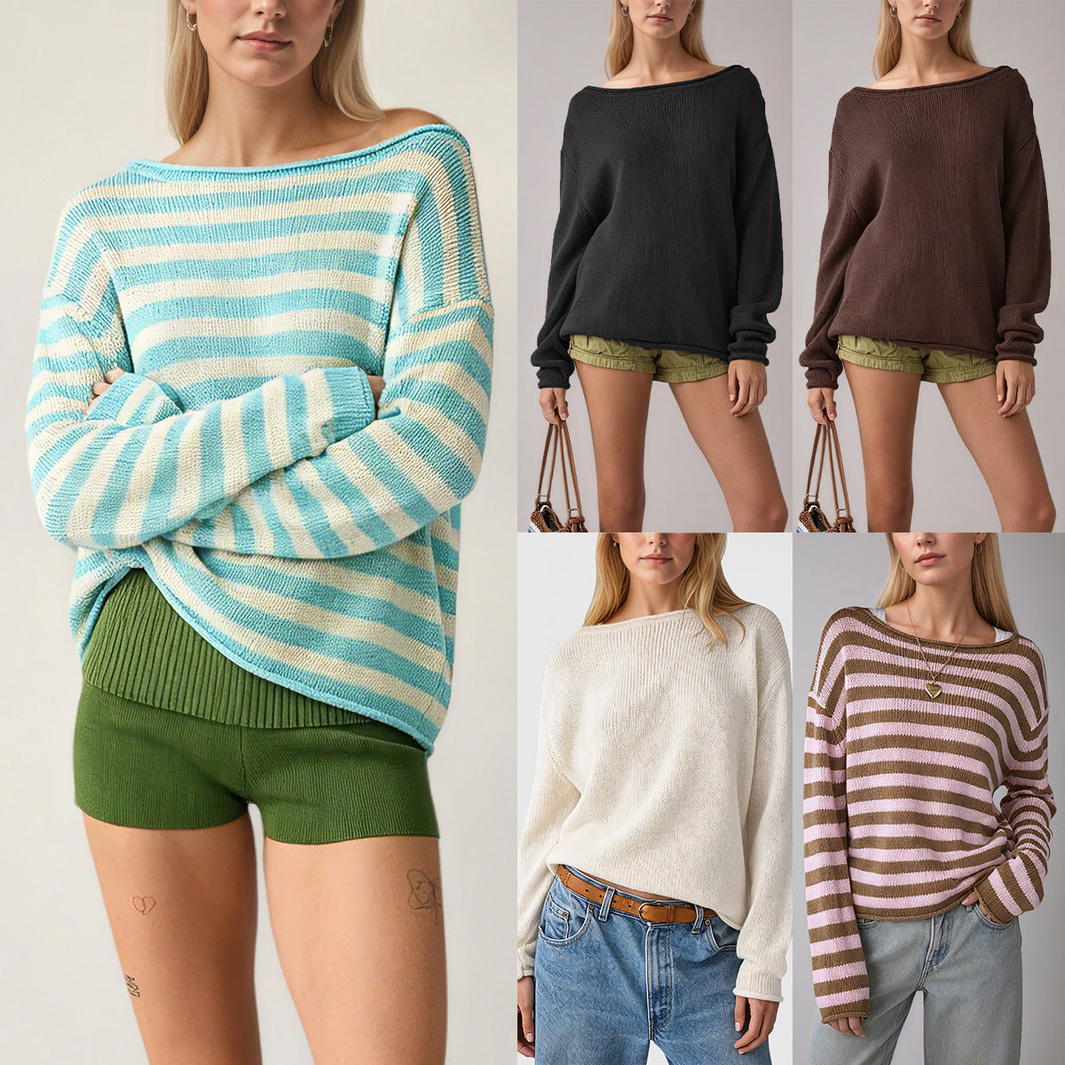 Solid color striped pullover sweater