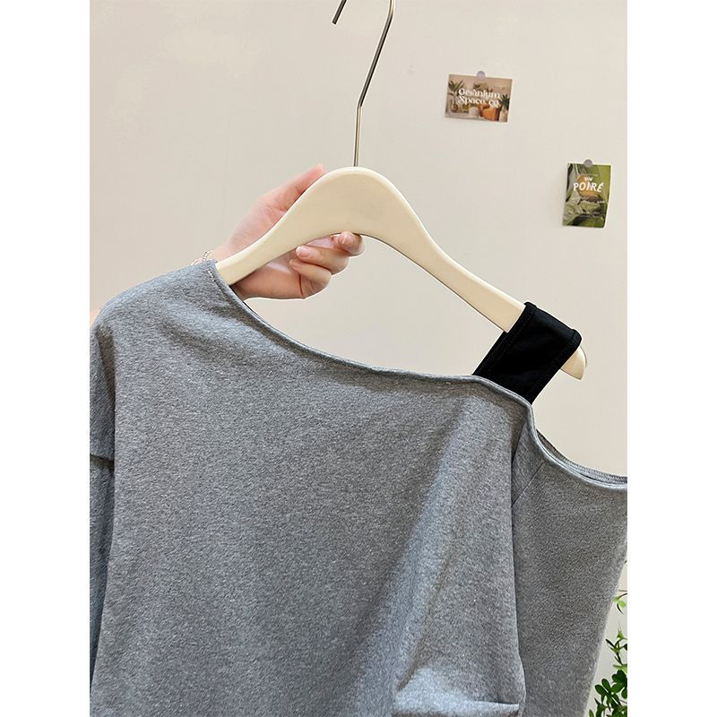 Asymmetrical Design Two-Piece Spliced Shoulder-Baring Long Sleeve T-Shirt for Women, Slim Fit Top