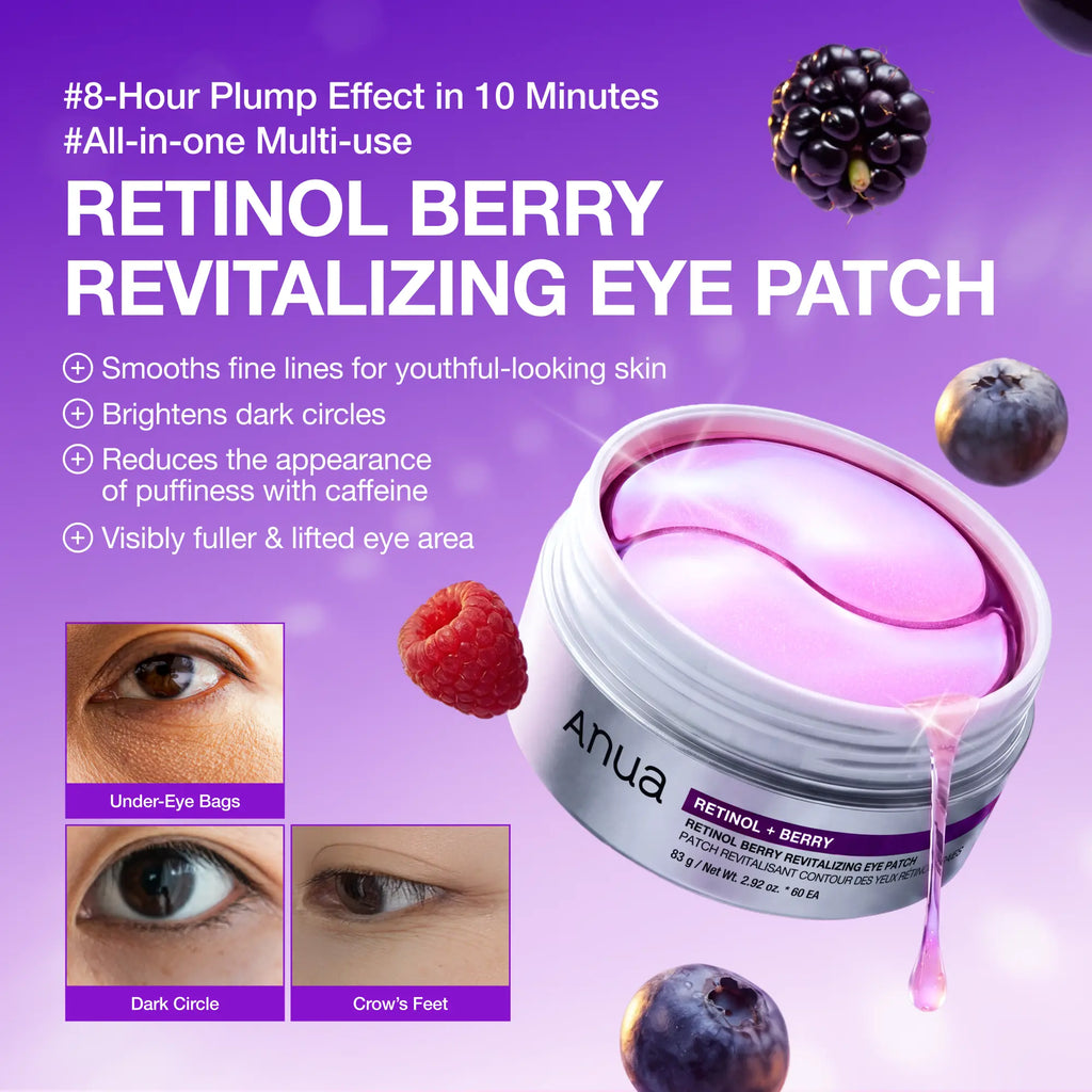 Revitalize Your Eyes with Anua Retinol Berry Eye Patches - 60 Count for Youthful, Bright Skin in Just 10 Minutes!