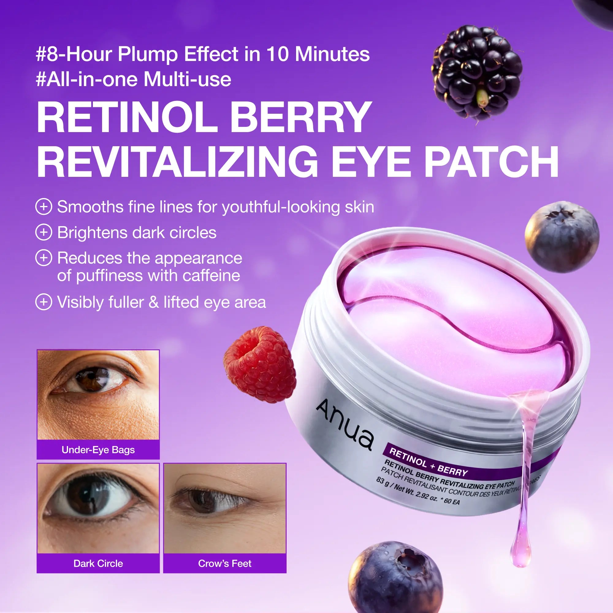 Revitalize Your Eyes with Anua Retinol Berry Eye Patches - 60 Count for Youthful, Bright Skin in Just 10 Minutes!