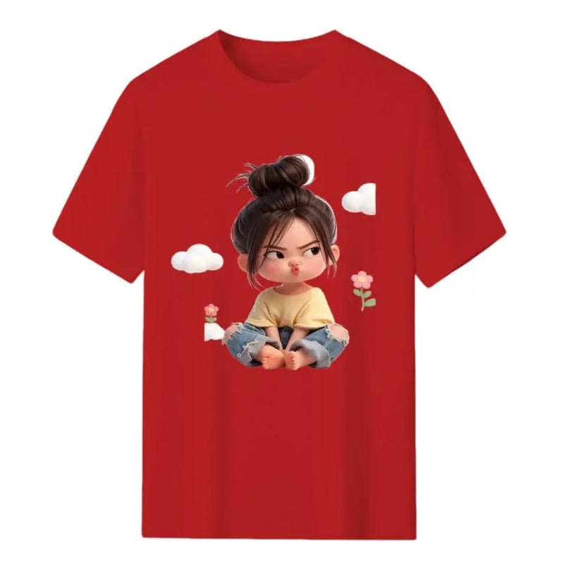 Women'S Premium Cotton Cartoon Girl & Clouds Graphic T-Shirt - Short Sleeve Crewneck, Fitted, Elastic, Comfortable, Blush Pink Aesthetic, Lady Casual Girly Tops, Valentine'S Day Colorful Cartoon Style Beach Tee Sohochic