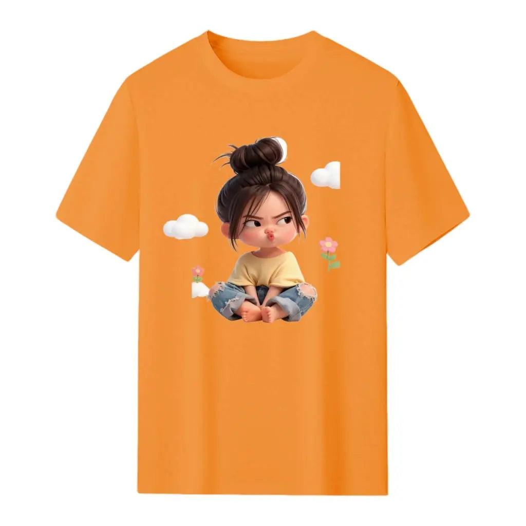 Women'S Premium Cotton Cartoon Girl & Clouds Graphic T-Shirt - Short Sleeve Crewneck, Fitted, Elastic, Comfortable, Blush Pink Aesthetic, Lady Casual Girly Tops, Valentine'S Day Colorful Cartoon Style Beach Tee Sohochic