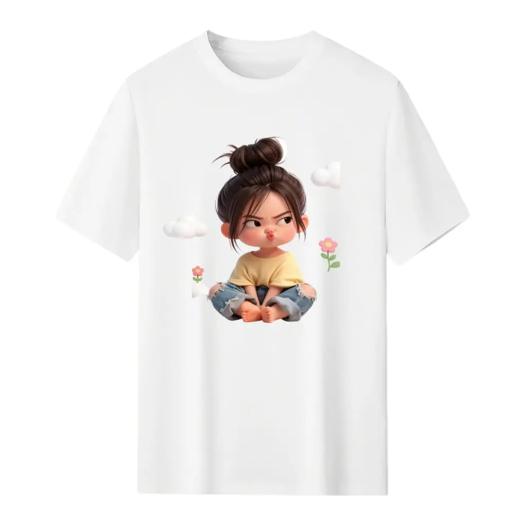 Women'S Premium Cotton Cartoon Girl & Clouds Graphic T-Shirt - Short Sleeve Crewneck, Fitted, Elastic, Comfortable, Blush Pink Aesthetic, Lady Casual Girly Tops, Valentine'S Day Colorful Cartoon Style Beach Tee Sohochic